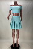 Mint green Sexy Casual Solid Backless Spaghetti Strap Short Sleeve Two Pieces