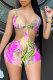 Rose Red Sexy Print Hollowed Out Spaghetti Strap Skinny Rompers
