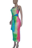 Colour Casual Gradual Change Print Bandage Patchwork U Neck Vest Dress Dresses