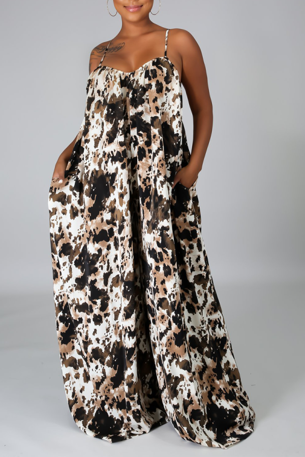 Cream White Sexy Leopard Patchwork Spaghetti Strap Loose Jumpsuits
