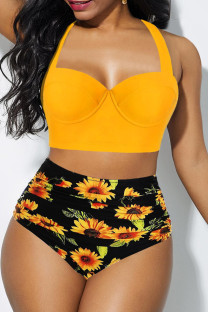 Yellow Fashion Casual Print Backless Halter Plus Size Swimwear