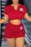 Red Fashion Casual Print Basic V Neck Short Sleeve Two Pieces