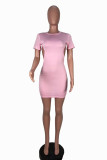 Pink Sexy Casual Solid Backless Half A Turtleneck Short Sleeve Dress