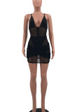 Blue Sexy Solid Patchwork Backless Zipper Spaghetti Strap Sleeveless Two Pieces
