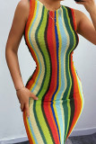 Colour Casual British Style Striped Print Split Joint O Neck Vest Dress Dresses
