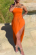 Tangerine Red Sexy Solid Patchwork Strapless Irregular Dress Dresses