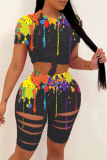 Black Casual Patchwork Tie-dye O Neck Short Sleeve Two Pieces