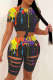 Black Casual Patchwork Tie-dye O Neck Short Sleeve Two Pieces