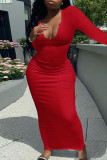 Red Casual Solid Split Joint Asymmetrical Collar Straight Dresses