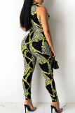 Pink Sexy Print Patchwork Frenulum V Neck Skinny Jumpsuits