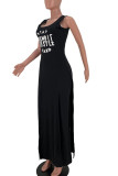 Grey Casual Letter Print Patchwork High Opening O Neck Sleeveless Two Pieces