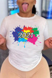 White Fashion Casual Print Basic O Neck T-Shirts