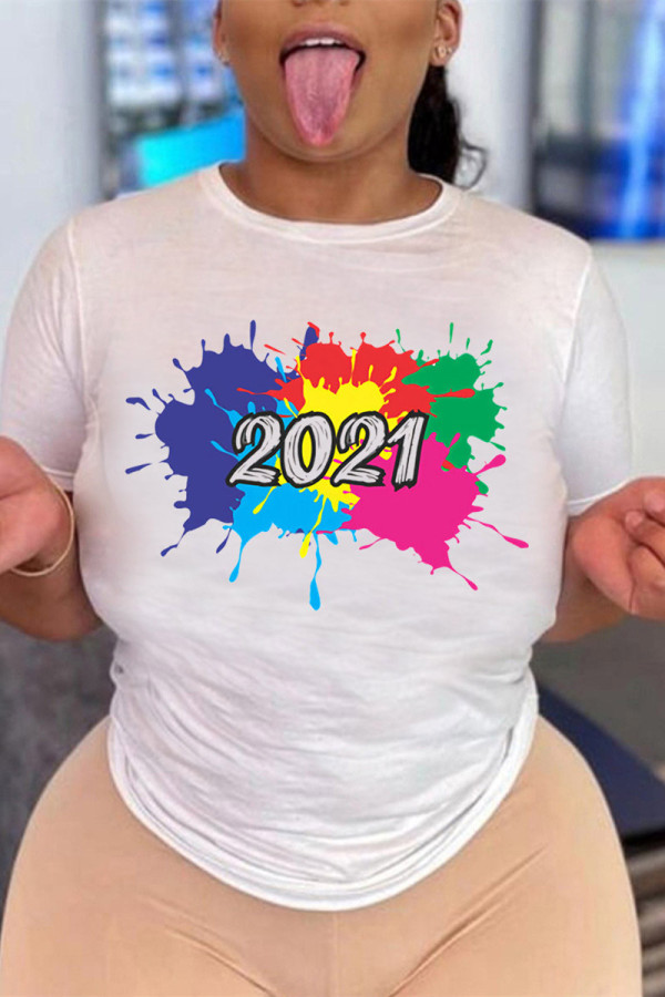 White Fashion Casual Print Basic O Neck T-Shirts