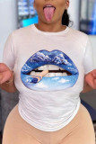 Blue Fashion Casual Lips Printed Basic O Neck T-Shirts