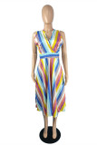 Multicolor Fashion Sexy Striped Print Backless V Neck Sleeveless Dress