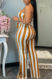Yellow Casual Striped Print Patchwork Oblique Collar Straight Jumpsuits