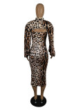 Leopard Print Fashion Sexy Print Leopard Hollowed Out Half A Turtleneck Long Sleeve Two Pieces