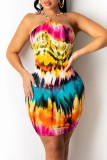 Colour Fashion Sexy Print Backless Spaghetti Strap Sleeveless Dress