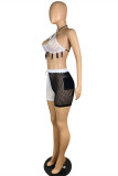 Black White Sexy Patchwork Tassel Hollowed Out See-through Backless Halter Sleeveless Two Pieces
