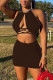 Brown Sexy Solid Hollowed Out Draw String Frenulum Halter Sleeveless Two Pieces