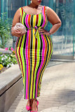 Purple Sexy Striped Print Split Joint U Neck Pencil Skirt Plus Size Dresses