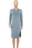 Pink Fashion Casual Solid Slit Turndown Collar Long Sleeve Dresses