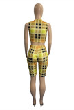 Yellow Fashion Casual Plaid Print Vests O Neck Sleeveless Two Pieces