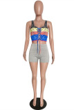 Multicolor Fashion Sexy Print Hollowed Out Strap Design O Neck Tops