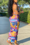 Purple Fashion Sexy Print Backless Halter Sleeveless Two Pieces
