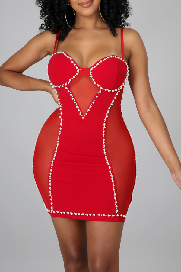 Red Sexy Solid Mesh Spaghetti Strap Pencil Skirt Dresses