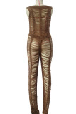 Brown Sexy Solid Hollowed Out Split Joint See-through O Neck Straight Jumpsuits