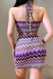 Purple Sexy Print Hollowed Out Split Joint Frenulum Strapless Sleeveless Two Pieces