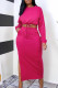 Rose Red Casual Solid Patchwork Frenulum Slit O Neck Long Sleeve Two Pieces