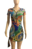 Green Casual Print Patchwork Zipper Collar Pencil Skirt Dresses