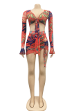 Orange Sexy Print Split Joint V Neck Long Sleeve Two Pieces