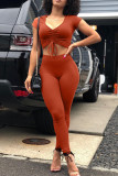 Tangerine Red Fashion Casual Solid Draw String V Neck Short Sleeve Two Pieces