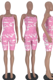 Pink Sexy Patchwork Tie-dye Spaghetti Strap Skinny Rompers