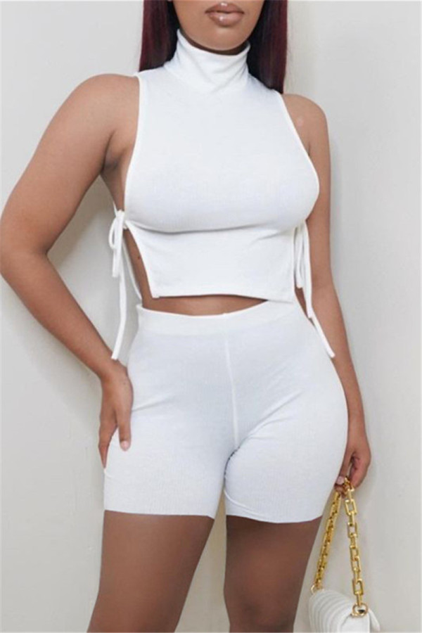 White Fashion Casual Solid Strap Design Turtleneck Sleeveless Two Pieces