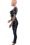 Black Fashion Sexy Print Hollowed Out V Neck Short Sleeve Two Pieces
