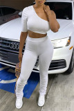White Sexy Casual Patchwork Backless One Shoulder Short Sleeve Two Pieces