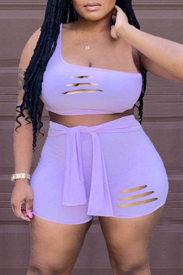 Light Purple Sexy Casual Solid Ripped Bandage One Shoulder Sleeveless Two Pieces