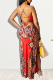 Red Sexy Print Patchwork Spaghetti Strap Straight Dresses