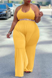Yellow Sexy Casual Solid Backless Without Belt Halter Plus Size Jumpsuits