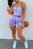 Pink Fashion Sexy Letter Print Ripped Spaghetti Strap Sleeveless Two Pieces