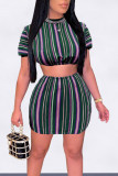 Blue Casual Striped Print Patchwork O Neck Short Sleeve Two Pieces