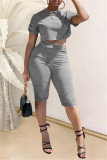 Grey Fashion Casual Solid Basic O Neck Short Sleeve Two Pieces