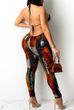 Deep Blue Sexy Print Patchwork Frenulum Backless Halter Skinny Jumpsuits