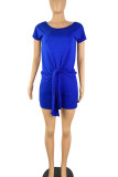 Blue Casual Solid Bandage Patchwork O Neck Short Sleeve Two Pieces