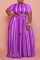 Purple Casual Striped Split Joint O Neck Cake Skirt Plus Size Two Pieces