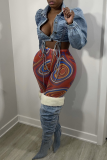 Turquoise Sexy Print Mesh Skinny Mid Waist Pencil Full Print Bottoms
